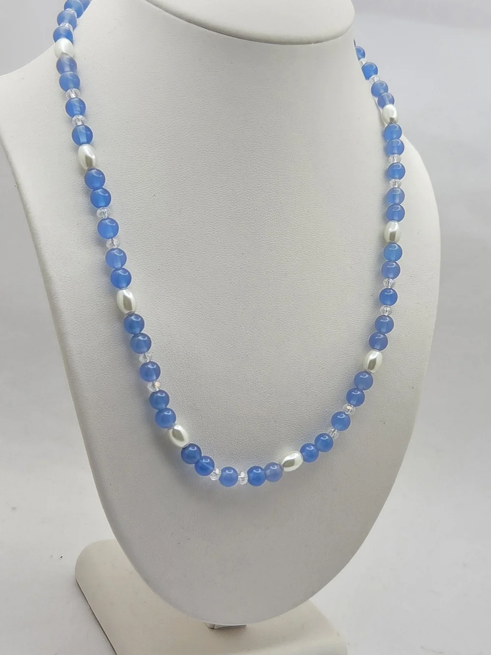 Blue Glass Beaded Faux Pearl & Crystal Accent Strand Necklace - 19